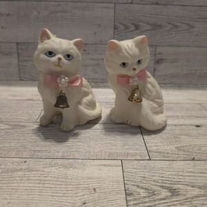Two White Porcelain Cats With Ribbon Bell Collar Figurines. ROC/Taiwan.